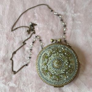 Antique Pure Silk Handmade Glass Beaded Circle Purse Chain Strap Crossbody Bag